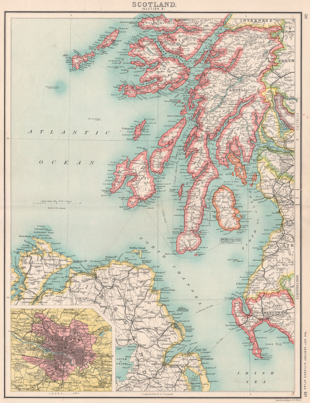 SCOTLAND SW. Argyll Ayrshire Wigtownshire Mull Arran Jura Islay Kintyre 1901 map